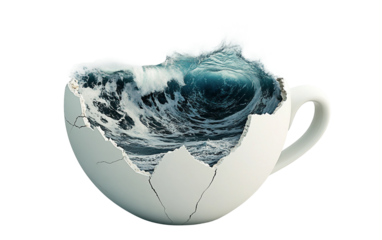 Surreal scene of a broken coffee cup holding crashing ocean waves in dramatic contrast isolated on transparent background PNG