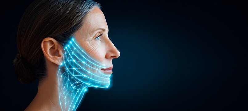 39 year old female in a facial thread lift session with a schematic cutaway showing a glowing depiction of PDO thread vectors under the jawline