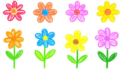 Colorful Childlike Flower Drawings on Transparent Background
