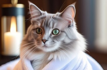Funny gray cat in a white bathrobe. A funny concept for the hotel business. An advertisement for a travel agency or a spa, grooming salon. A traveling cat lives in a hotel.