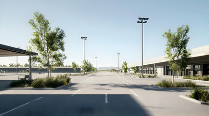 Empty Abandoned Parking Lot With Modern Buildings