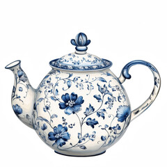 Blue Porcelain Teapot Illustration with Floral Pattern