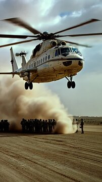 Military helicopter landing near soldiers in desert