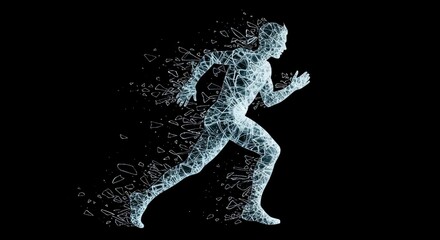 Fototapeta premium A digitally rendered figure of a running person composed of scattered blue-tinted particles against a stark black background emphasizing motion and digital art. Visual representation of movement.