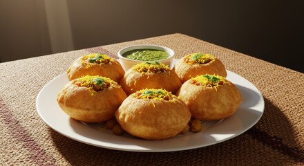 Delicious Plate of Pani Puri with Green Chutney, Crispy Shells Filled with Spicy Potatoes and Chickpeas, Garnished with Fresh Herbs and Sev