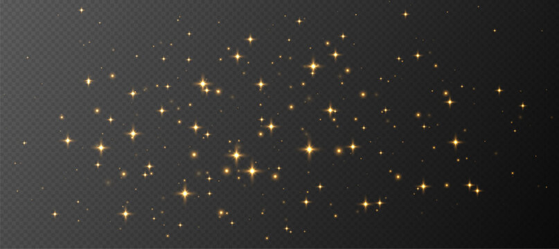 Golden sparkling stars, shiny particles light effect, transparent flying stardust texture, abstract twinkle Christmas decoration. Vector illustration.