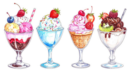 Watercolor Illustration of Four Colorful Ice Cream Sundaes