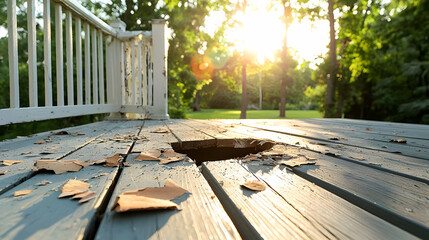 Damaged Wooden Deck With Hole And Sunlight
