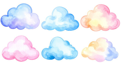 Pastel Watercolor Clouds Set on Transparent Background