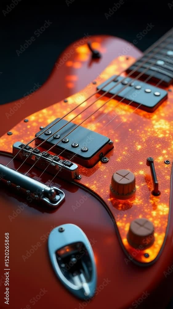Poster a detailed view of a bright red electric guitar with strings and body visible
