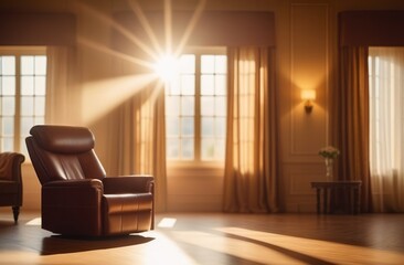 Beautiful photo of the interior in classic style in sunlight. The glare of the sun's rays is reflected on the leather brown armchair. Empty space.