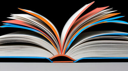 Open Book With Colorful Pages Against Black Background