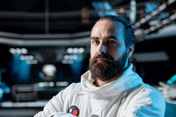 Portrait of astronaut researcher exploring deep space, collecting research data during flight....