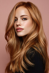 Redhead woman with long beautiful shiny hair covering one eye, close up studio shot on plain background. Freckled face with natural look and healthy skin.