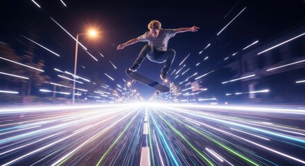 Obraz premium A young person performs a skateboard trick above a city road with light trails at night creating speed motion and pixelated effect