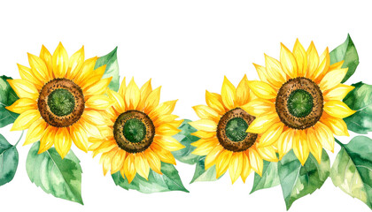 Obraz premium Watercolor Sunflowers with Green Leaves on Transparent
