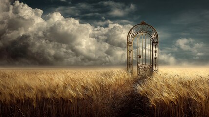 Ornate gate in a golden field under a dramatic sky.