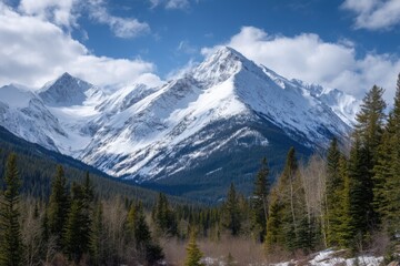 Breathtaking panoramic view of a majestic snow-covered mountain range in winter. 