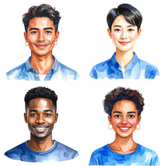 Smiling Diverse Portraits Watercolor Illustration