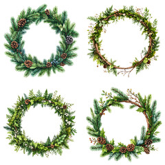 Four Watercolor Christmas Wreaths Green Pine Cones