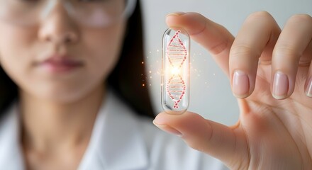 Scientist examining a DNA model in a laboratory setting during daylight hours