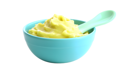 Nutritious baby food in a turquoise bowl with matching spoon isolated on a clean white background for parenting and nutrition themes