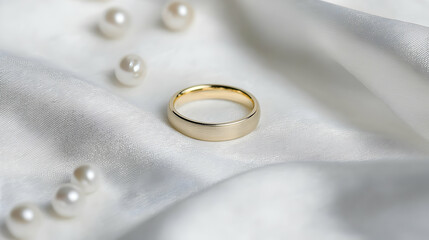 Gold Wedding Ring On White Fabric With Pearls