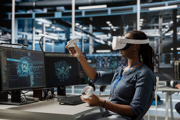 Programmer in data center wearing VR headset using AI powered tech to run simulations. IT expert...