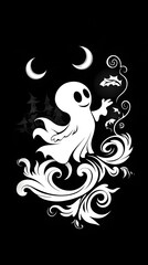 Friendly ghost, crescent moons, swirling foliage, dark background