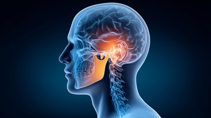 43 year old male in a TMJ arthroscopy with a 3D render cutaway showing a glowing depiction of debrided synovial tissue in the temporomandibular joint