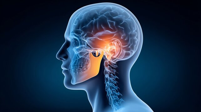 43 year old male in a TMJ arthroscopy with a 3D render cutaway showing a glowing depiction of debrided synovial tissue in the temporomandibular joint