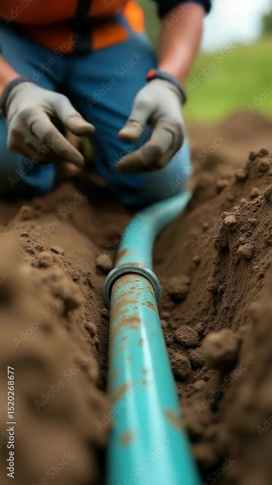 Poster a person in a blue jacket and gray gloves fixing a pipe, useful for work-related or diy themes