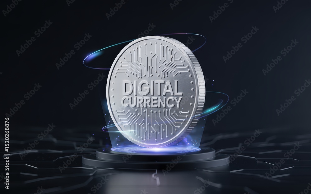 Poster digital currency coin with circuit board design on a pedestal with light effects.