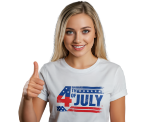 A blonde girl smiles and gives a thumbs up, wearing a '4th of July' t-shirt with stars and stripes. PNG on transparent background