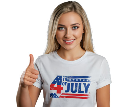 A blonde girl smiles and gives a thumbs up, wearing a '4th of July'  t-shirt with stars and stripes. PNG on transparent background
