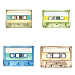 Obraz premium Watercolor Pastel Retro Cassette Tapes Set