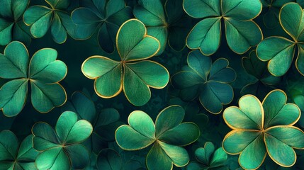 Lush green shamrocks with golden outlines, tightly arranged in a seamless pattern.