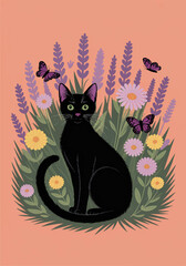 Cartoon flat postcard illustration with a picture of a black cat sitting among chrysanthemums and lavender flowers and butterflies flying by. The atmosphere of summer. Orange background. Vector graphi