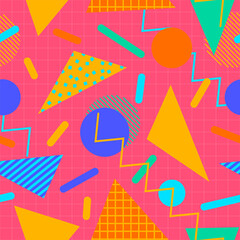 Retro 80s Seamless Pattern with Colorful Geometric Shapes. Memphis Style Geometric Background
