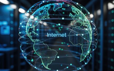 Global internet network in data center. Worldwide web, cloud computing concept.
