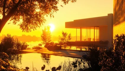 Fototapeten Modern home at golden sunset by a serene lake. Lush landscaping surrounds a contemporary structure © Fauzi