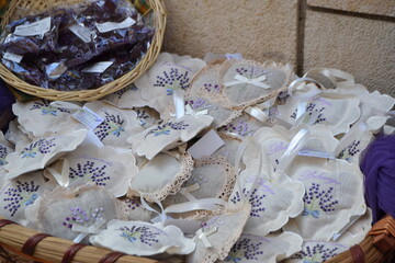 Aromatic lavender bags and crafts at Brihuega festival in Spain. Embroidered sachets with lavender