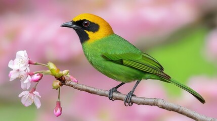 Golden-hooded Tanager Bird Resting on Branch with Pink Blossoms