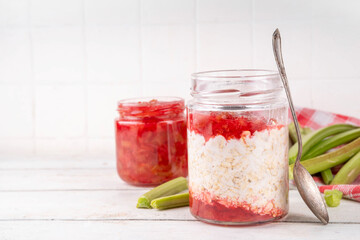 Sweet rhubarb overnight oats in portioned jar