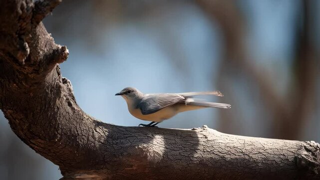 Mockingbird in flight soars from a tree branch, wings spread, feathers visible in a clear sky. Bird perched in nature.