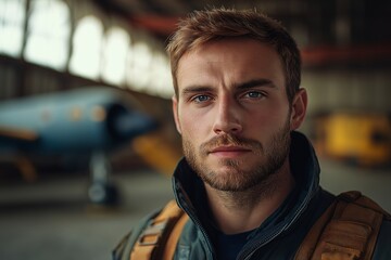 Confident Young Male Aviator in Airport Hangar. Professional Portrait with Backpack Focused on Aviation Dreams and Travel Adventures
