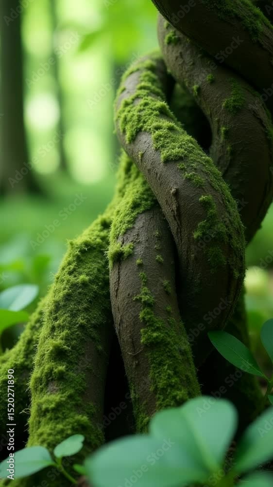 Aufkleber Close-up shot of a moss-covered tree trunk with intricate lichen patterns