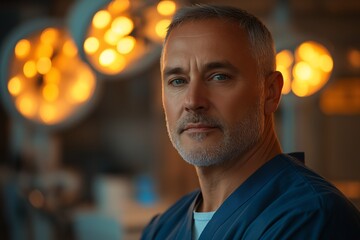 Obraz premium Confident Healthcare Professional. Experienced Male Doctor in Blue Scrubs Ready for Surgery in Modern Medical Facility