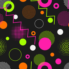 Memphis Seamless Pattern with Geometric Shapes. Abstract Vector Background
