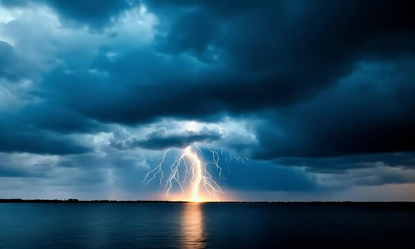 Dramatic lightning storm over water